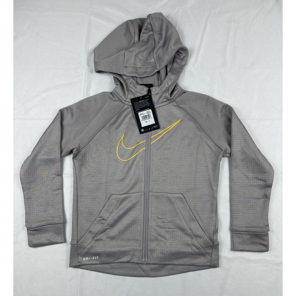 Nike Kids Dry Training Full Zip Hoodie Atmosphere Gray Yellow 86E322-G4R Size 6